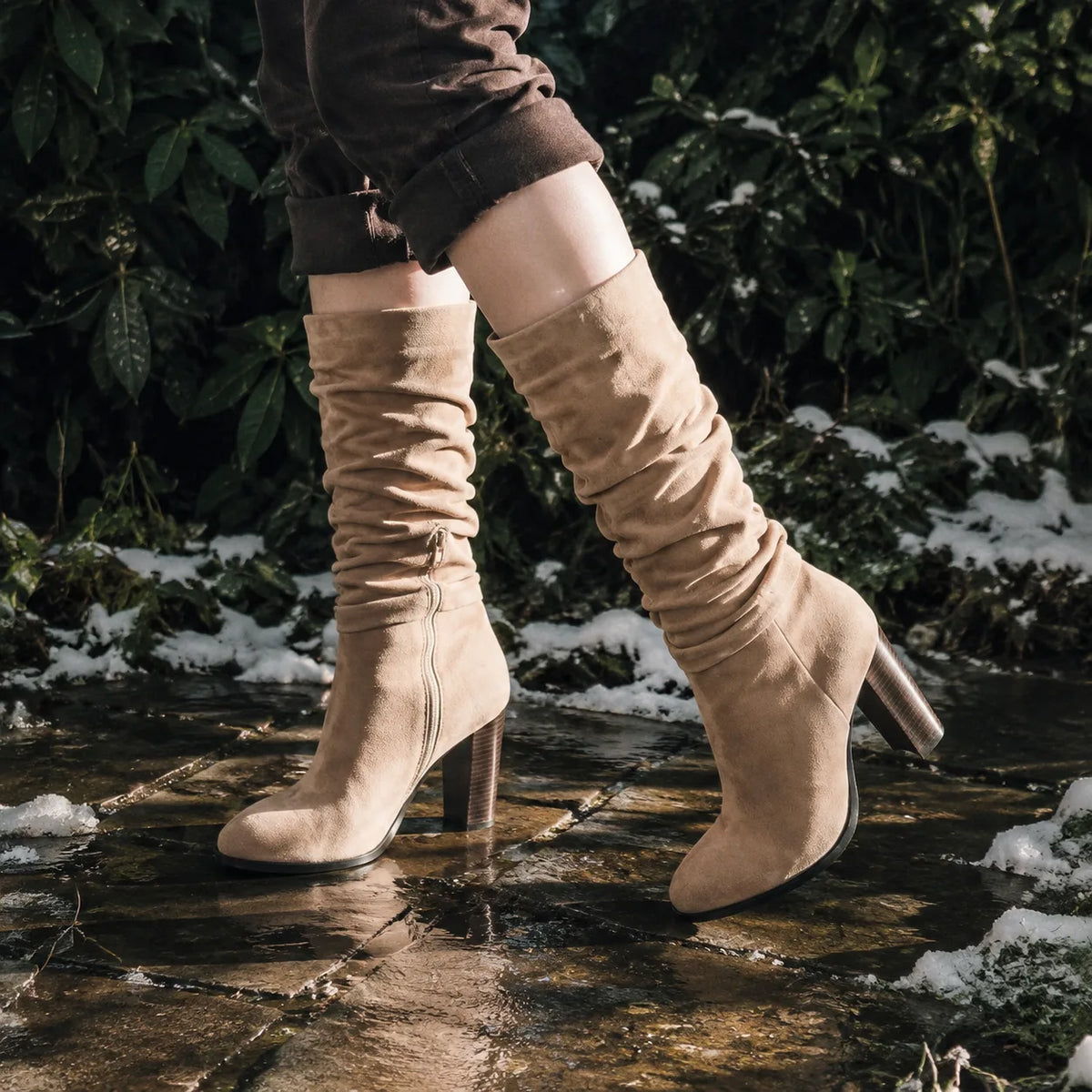Soft Apricot Levanto Ruched Block-Heel Boots on-foot view