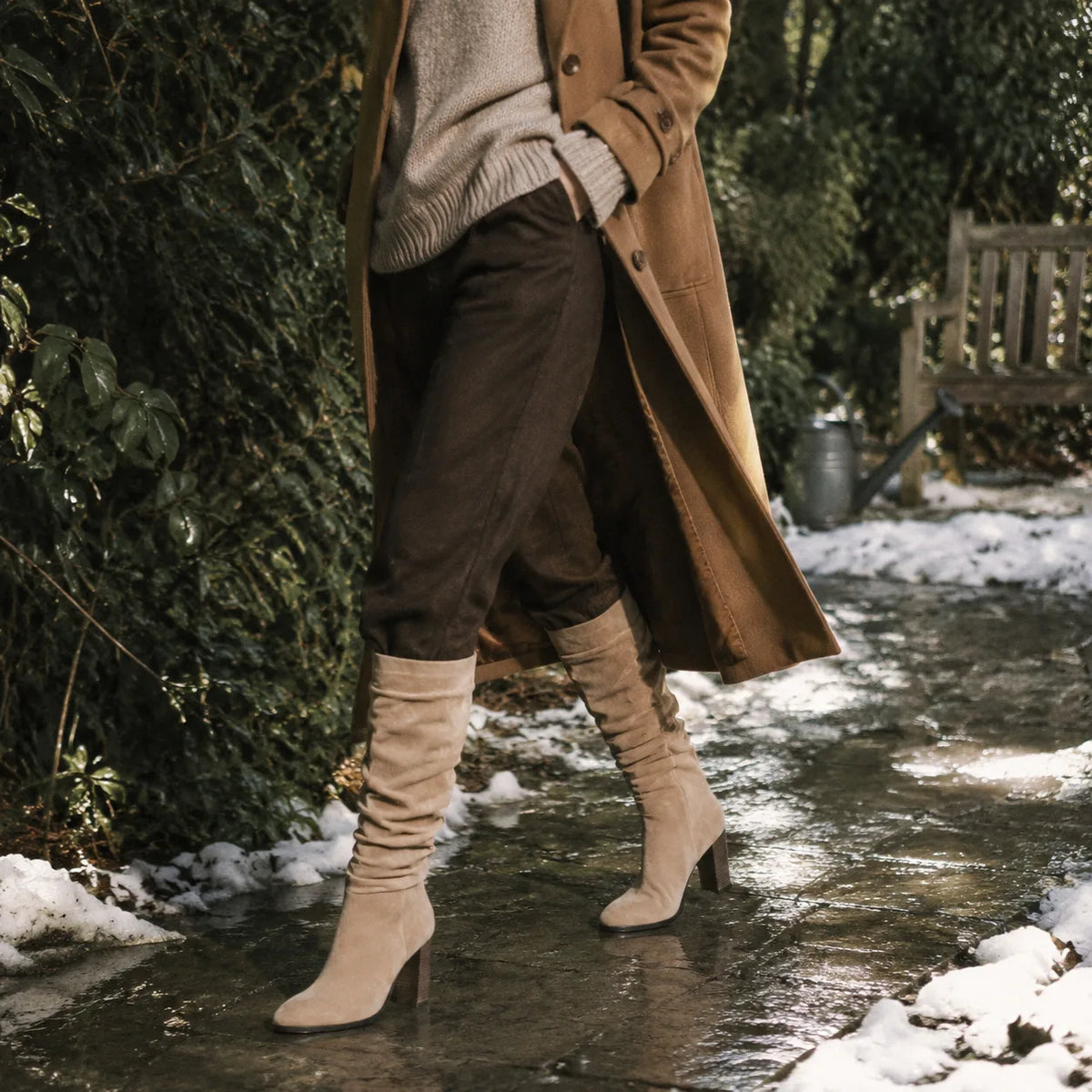 Soft Apricot Levanto Ruched Block-Heel Boots lifestyle scene