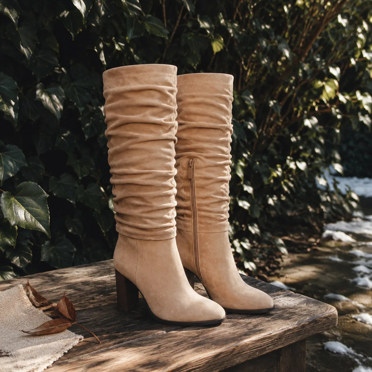 Soft Apricot Levanto Ruched Block-Heel Boots styled scene