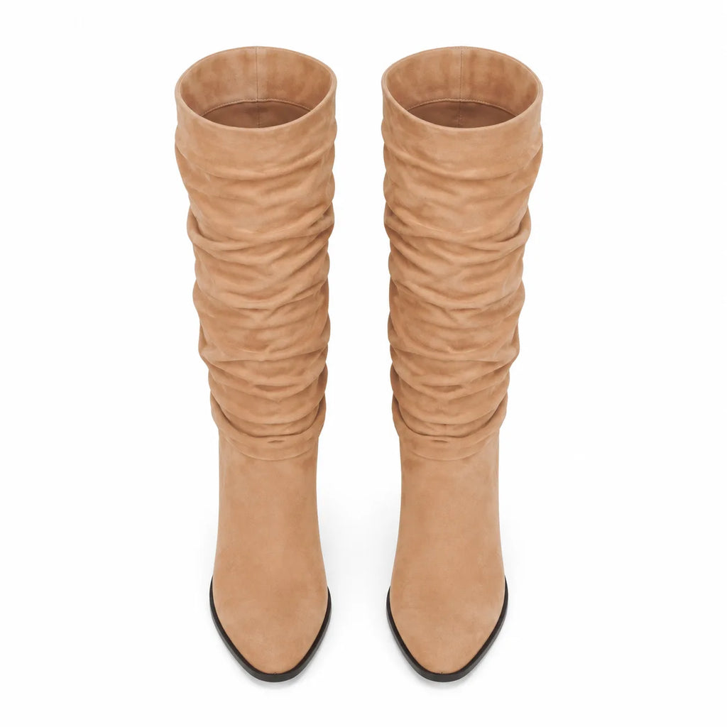 Soft Apricot Levanto Ruched Block-Heel Boots top view