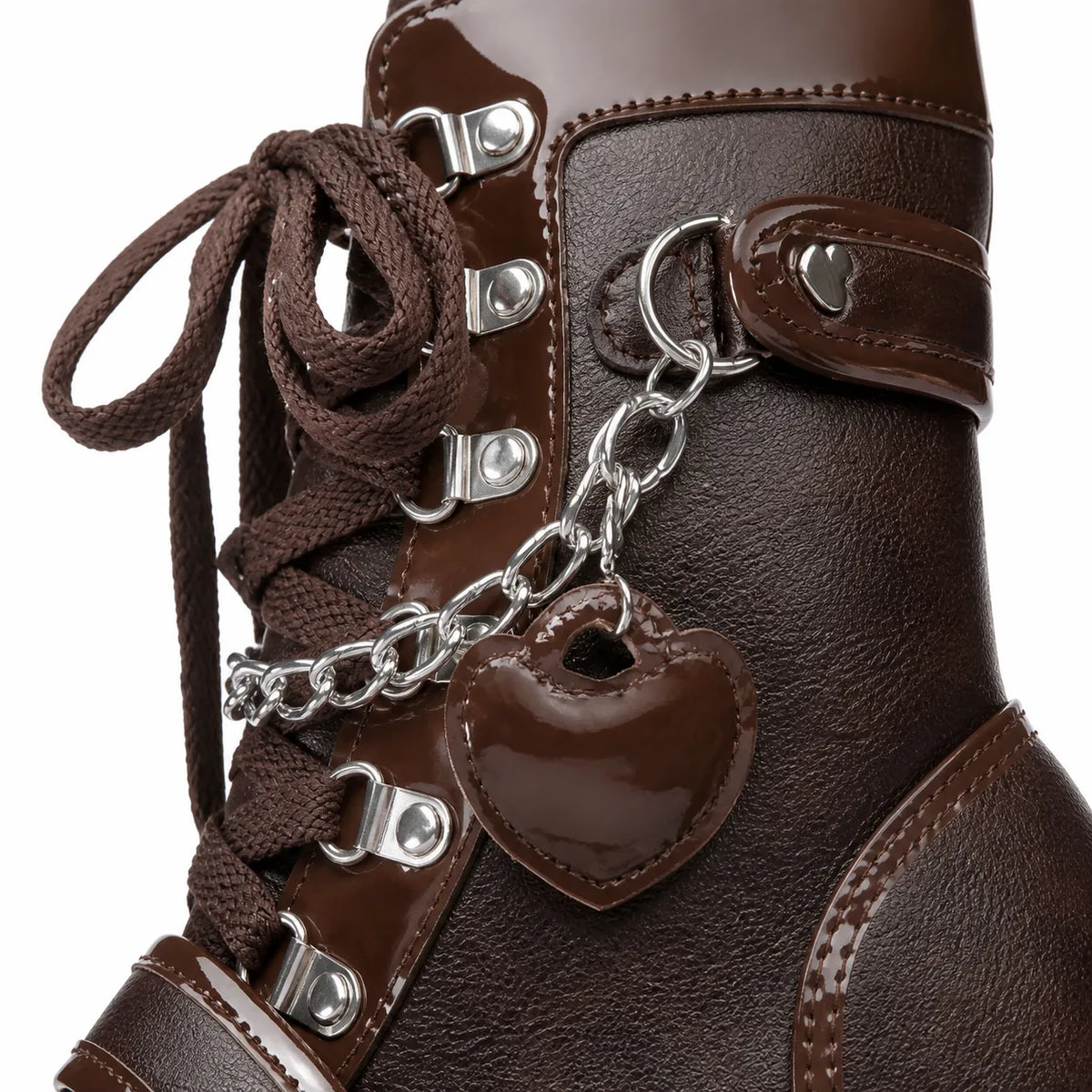 Rich Brown Ventotene Patent Platform Boots close-up detail