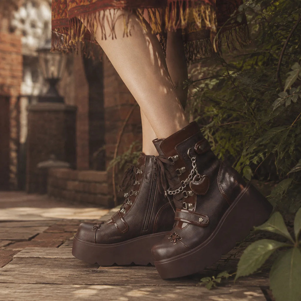 Rich Brown Ventotene Patent Platform Boots on-foot view