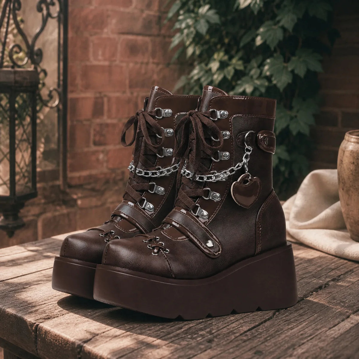 Rich Brown Ventotene Patent Platform Boots styled scene