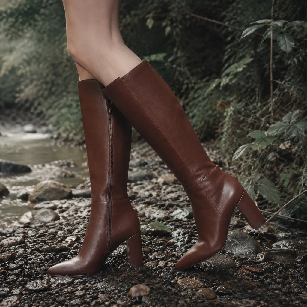 Dark Brown Duino Leather Block-Heel Boots on-foot view