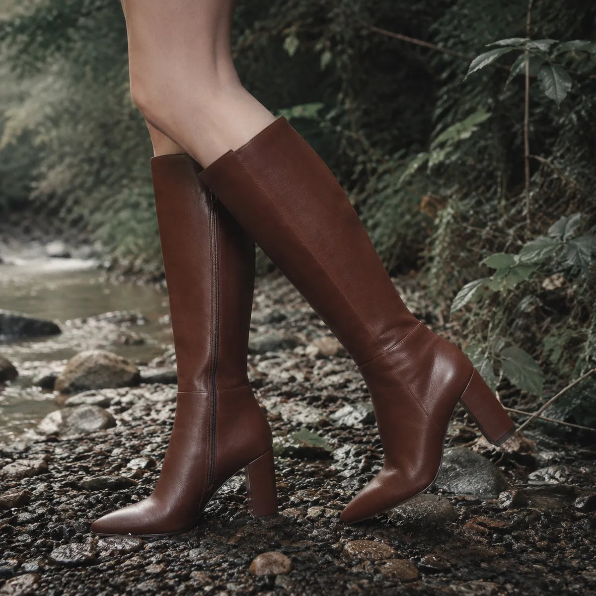 Dark Brown Duino Leather Block-Heel Boots on-foot view