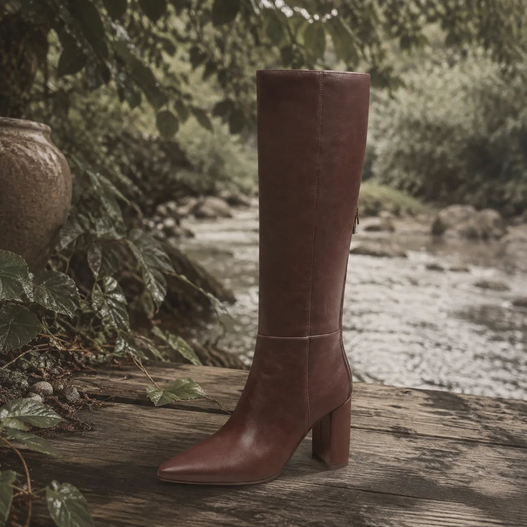 Dark Brown Duino Leather Block-Heel Boots styled scene