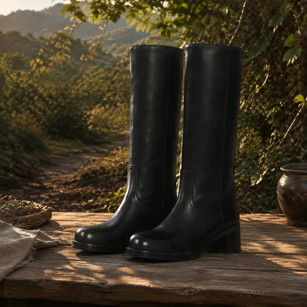 Deep Black Noli Square-Heel Boots styled scene