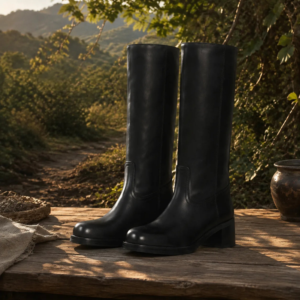 Deep Black Noli Square-Heel Boots styled scene