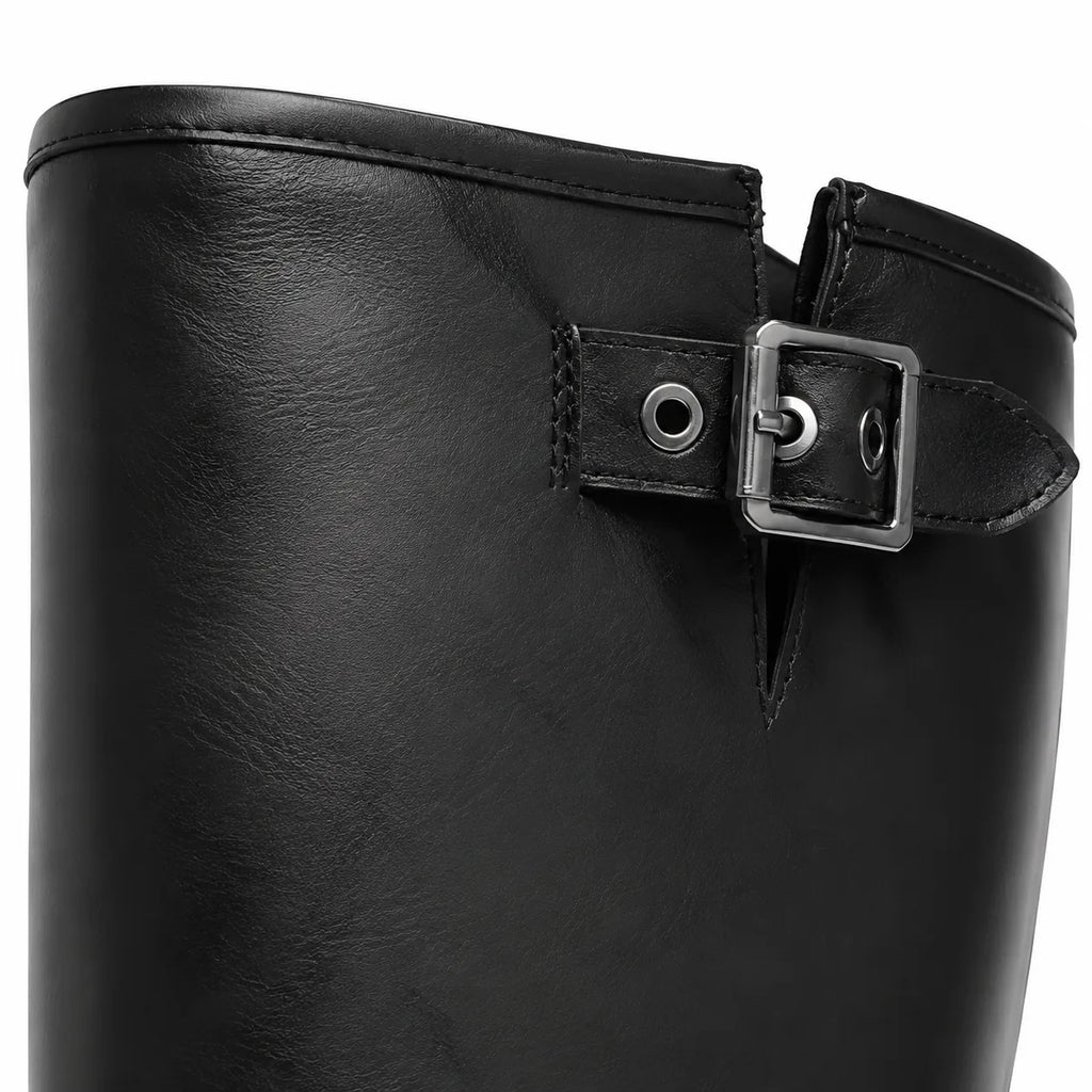 Deep Black Feltre Buckle Leather Boots close-up detail