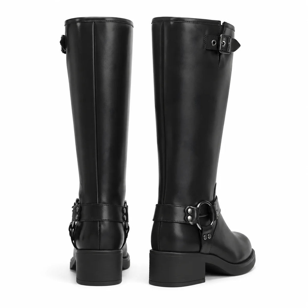 Deep Black Feltre Buckle Leather Boots heel detail