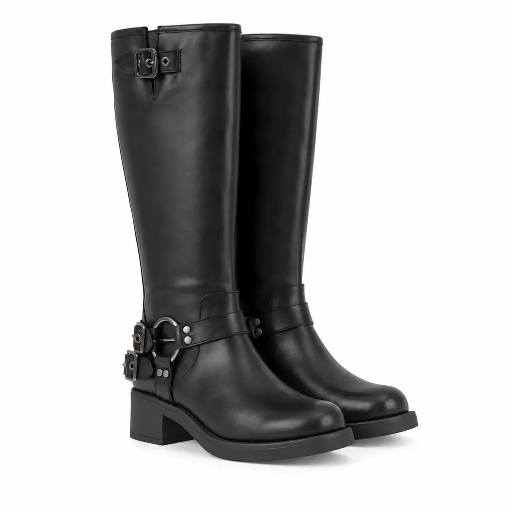 Deep Black Feltre Buckle Leather Boots