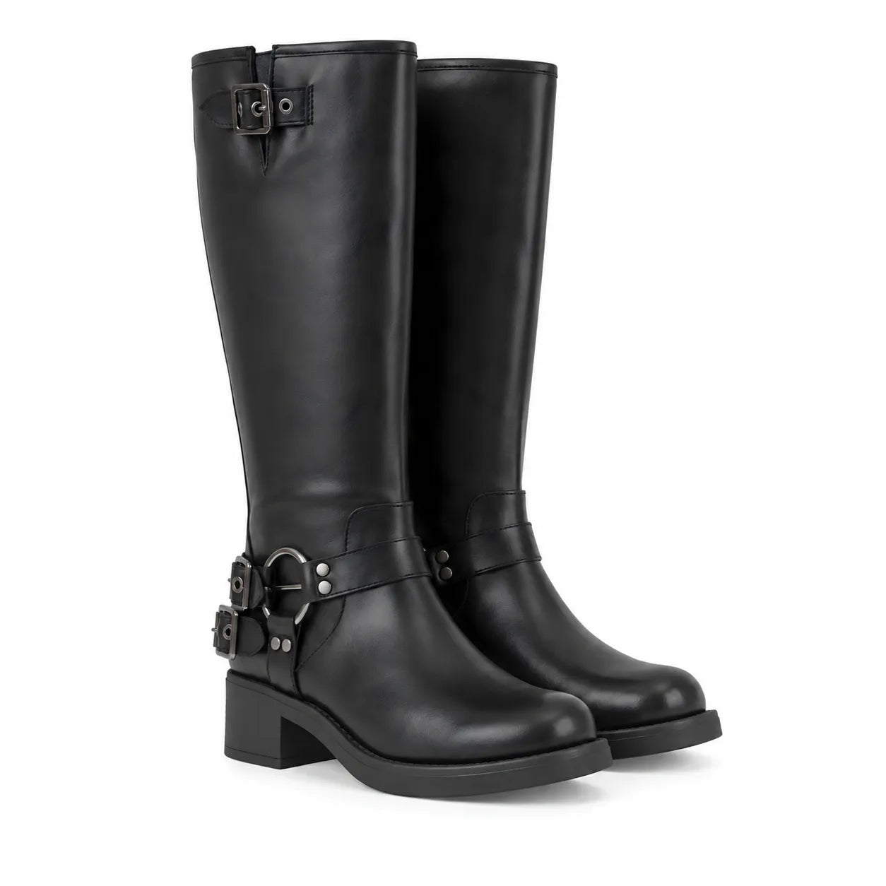 Deep Black Feltre Buckle Leather Boots