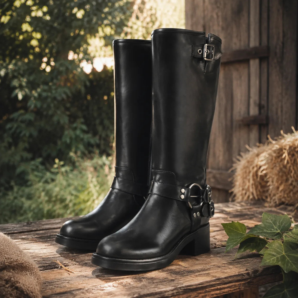 Deep Black Feltre Buckle Leather Boots styled scene