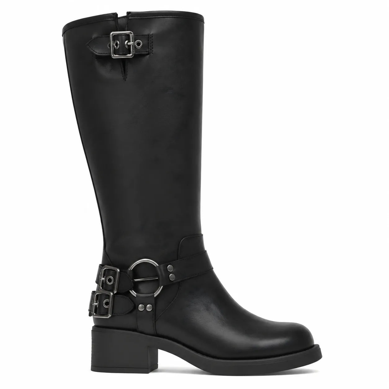 Deep Black Feltre Buckle Leather Boots side view