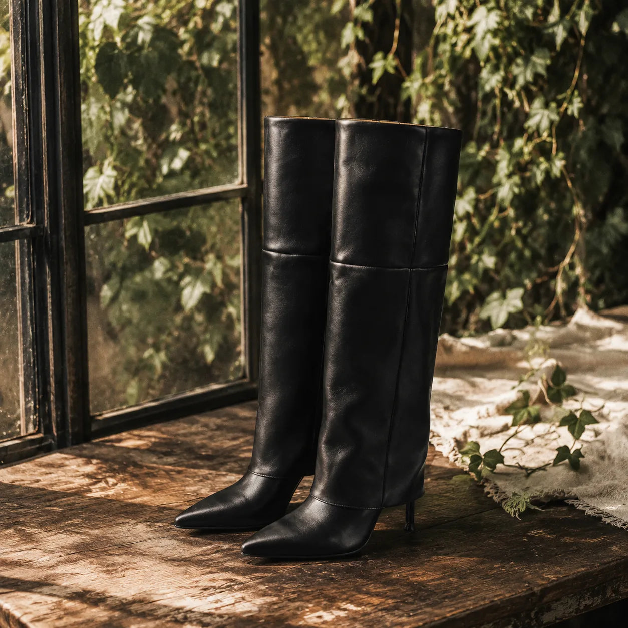 Deep Black Cuneo Leather Stiletto Boots styled scene