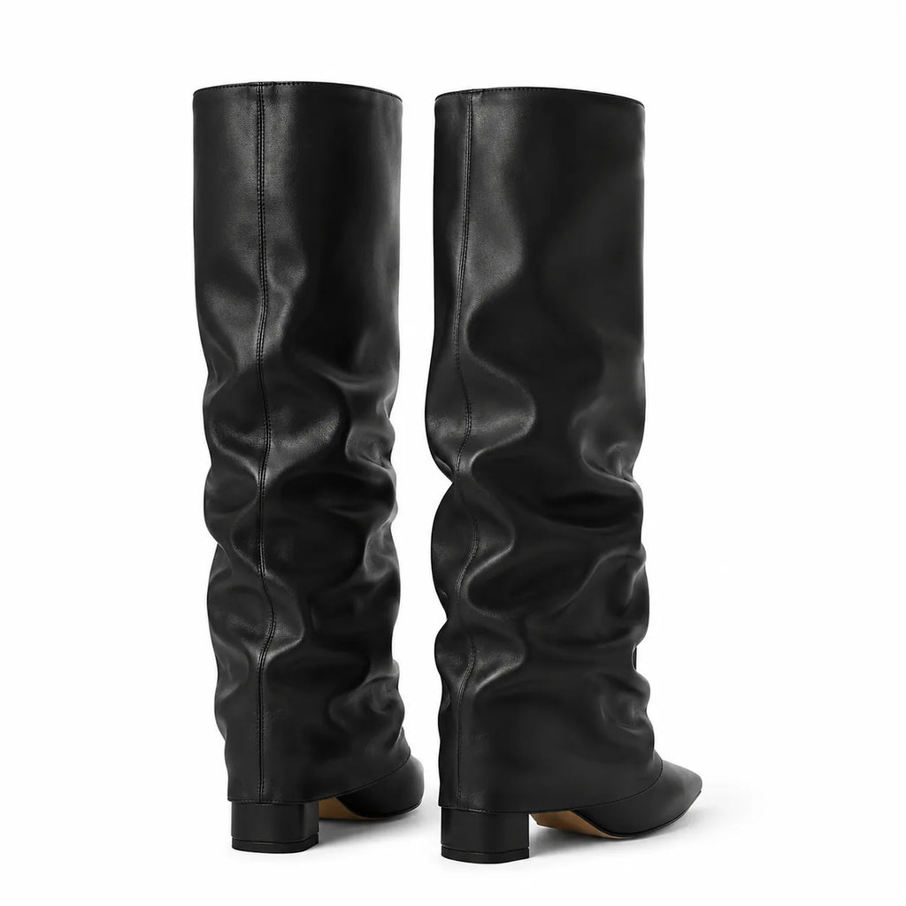 Deep Black Sistiana Slouchy Block-Heel Boots heel detail