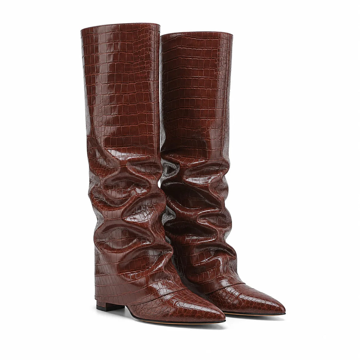 Brown Croc Sistiana Slouchy Block-Heel Boots