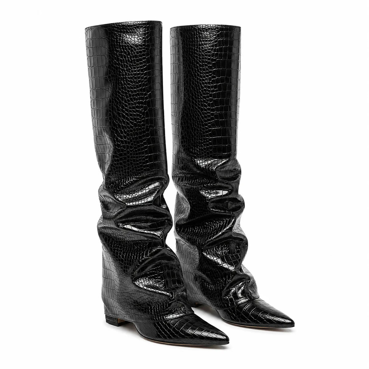 Black Croc Sistiana Slouchy Block-Heel Boots