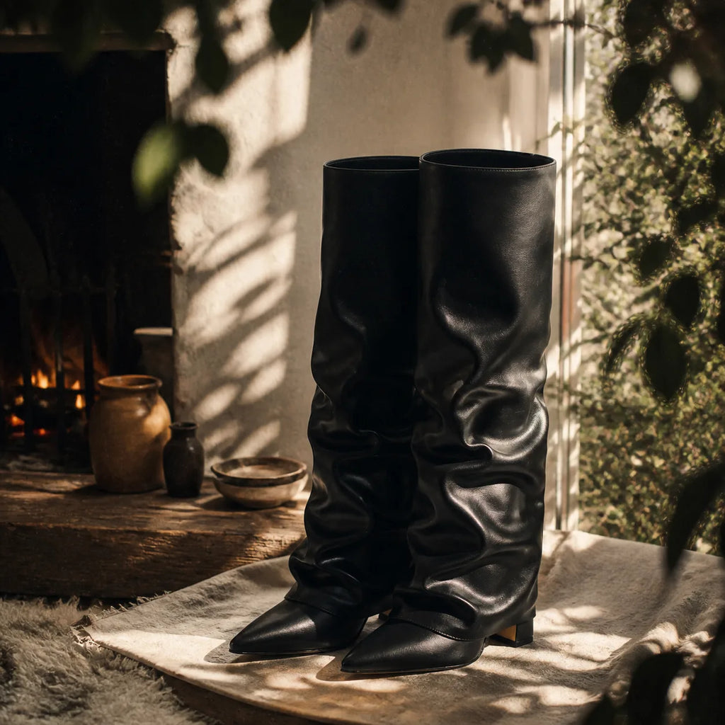 Deep Black Sistiana Slouchy Block-Heel Boots styled scene