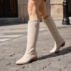 Apricot Suede Domodossola Embroidered Leather Boots on-foot view