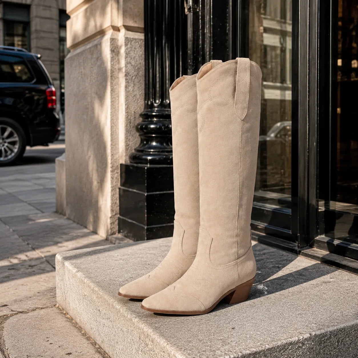 Apricot Suede Domodossola Embroidered Leather Boots styled scene