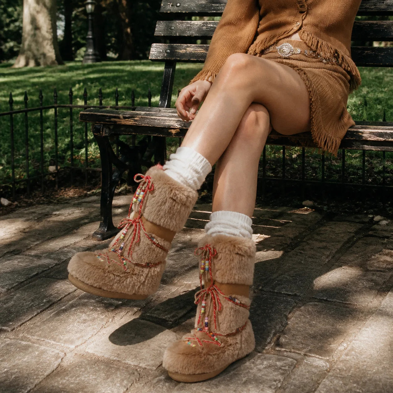 Warm Camel Brunico Sheepskin Mid-Calf Boots lifestyle scene