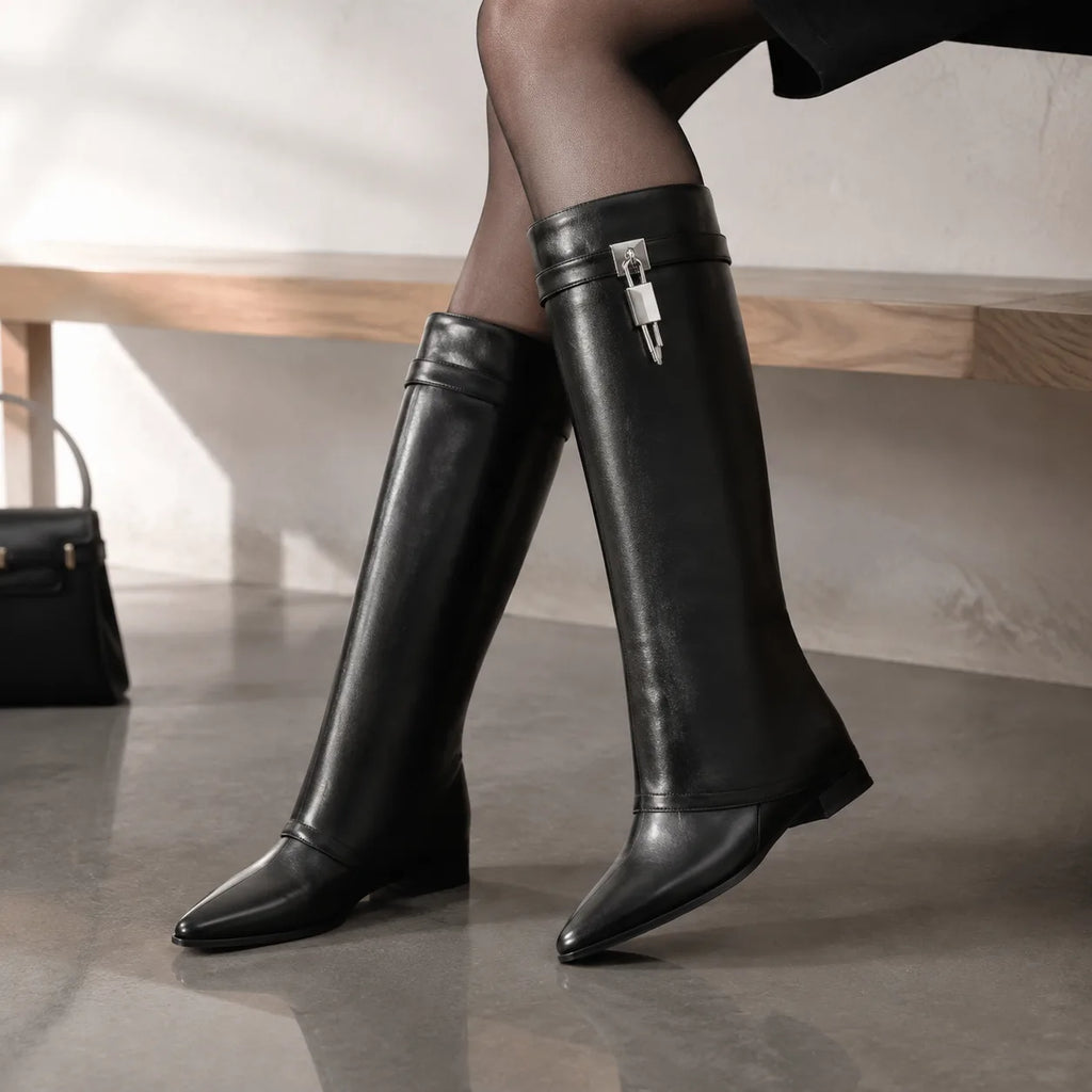 Deep Black Guarda Knee-High Boots on-foot view