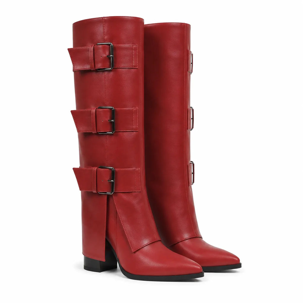 Deep Red Asiago Buckle Leather Boots