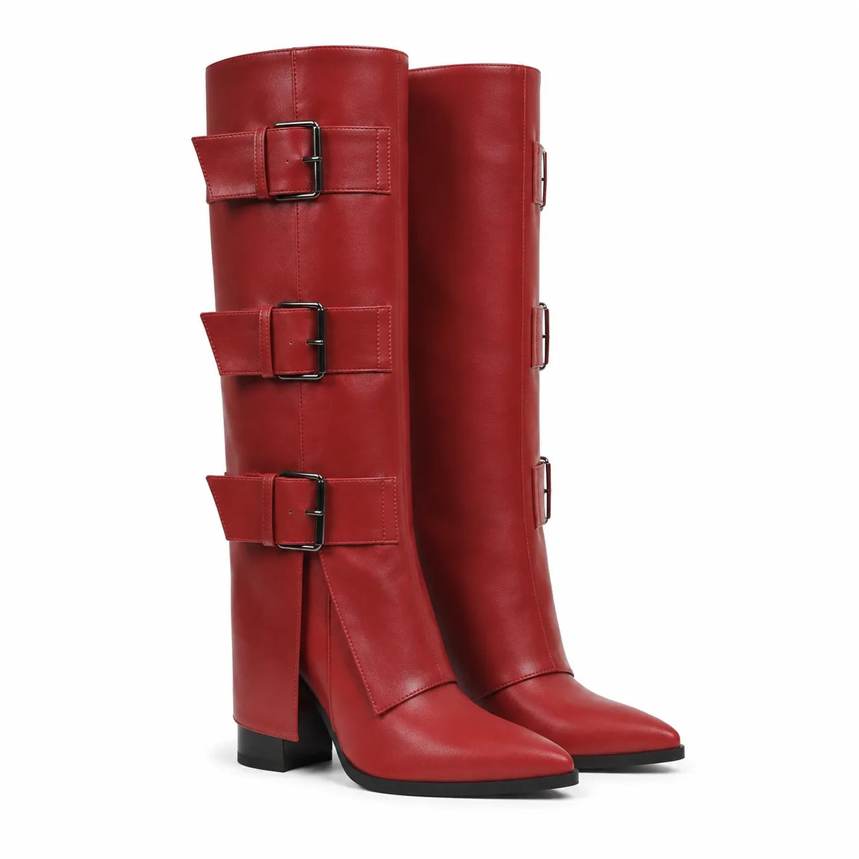 Deep Red Asiago Buckle Leather Boots