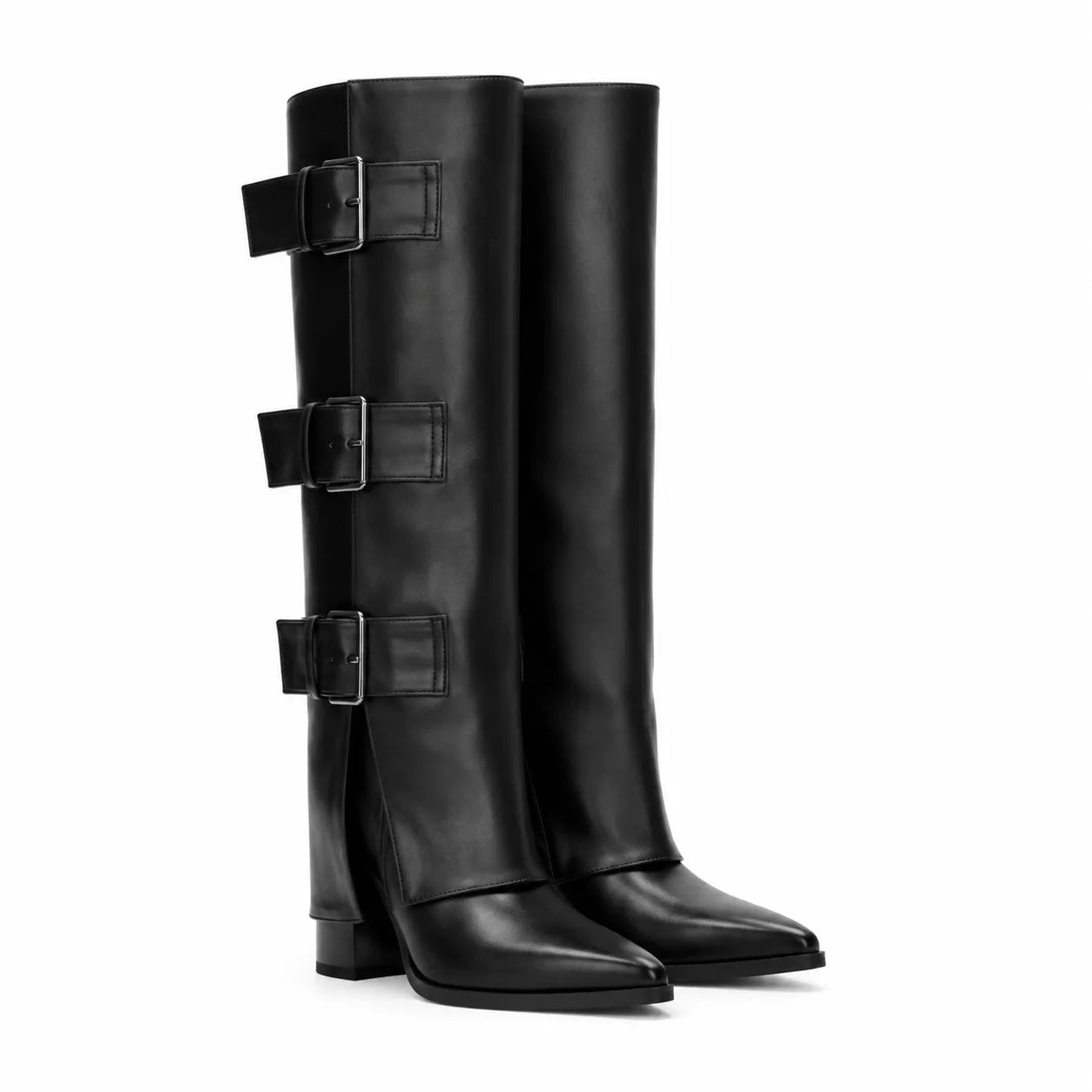 Deep Black Asiago Buckle Leather Boots
