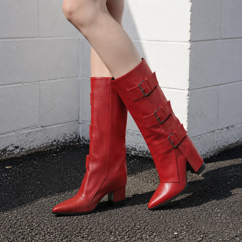 Deep Red Asiago Buckle Leather Boots on-foot view