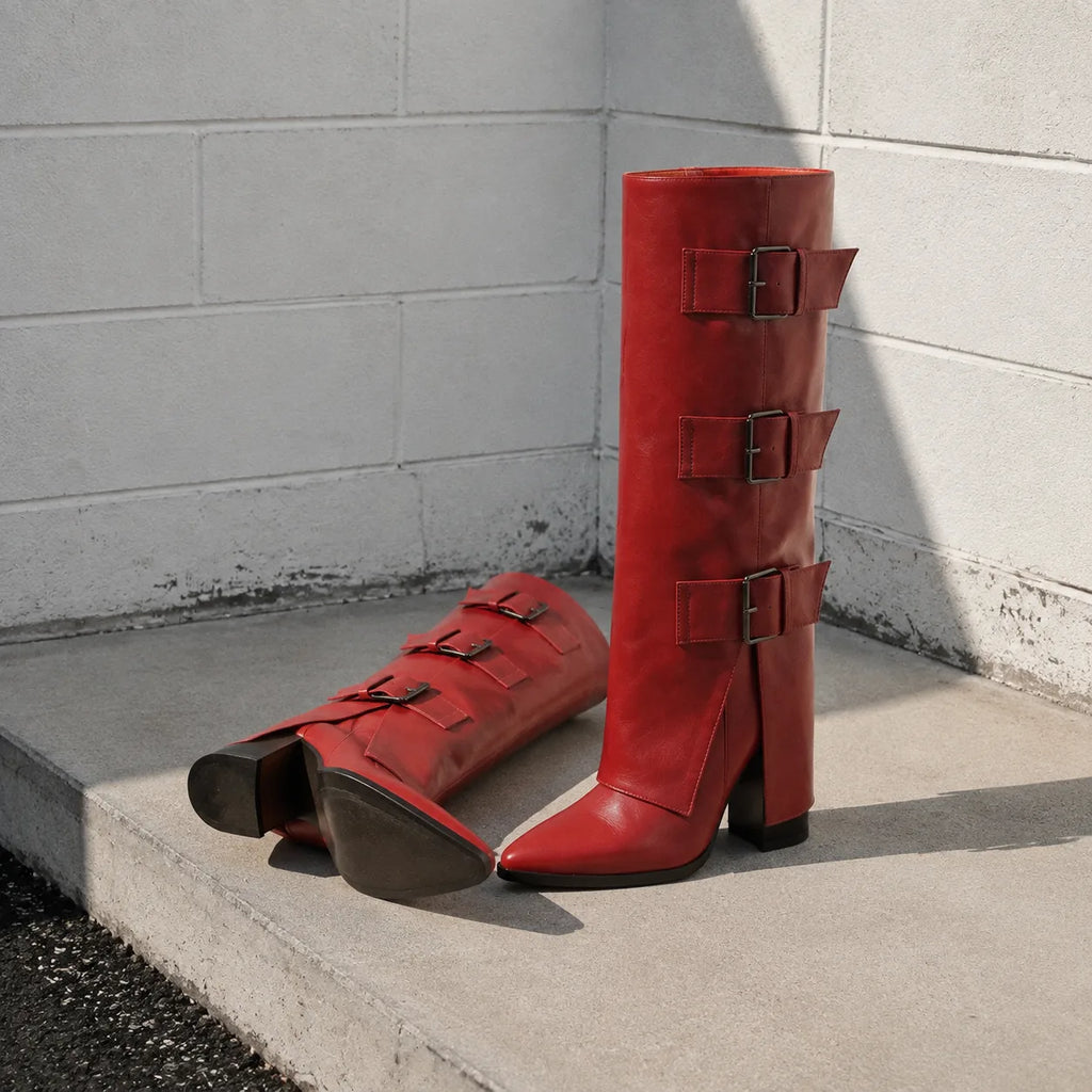 Deep Red Asiago Buckle Leather Boots styled scene
