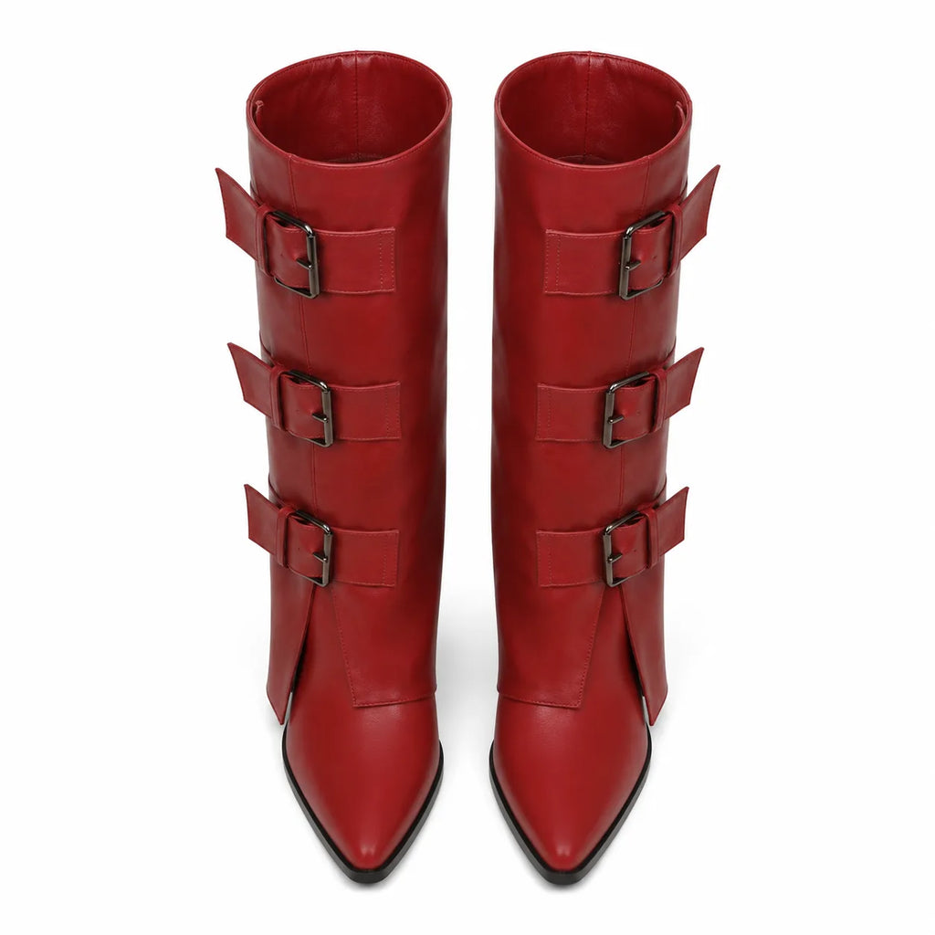 Deep Red Asiago Buckle Leather Boots top view