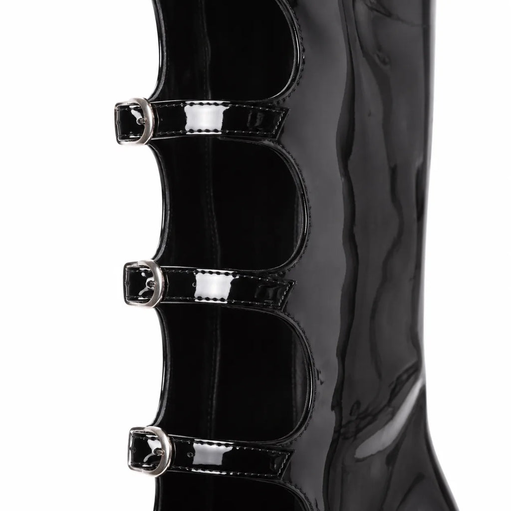 Black Patent Sondrio Buckle Leather Boots close-up detail