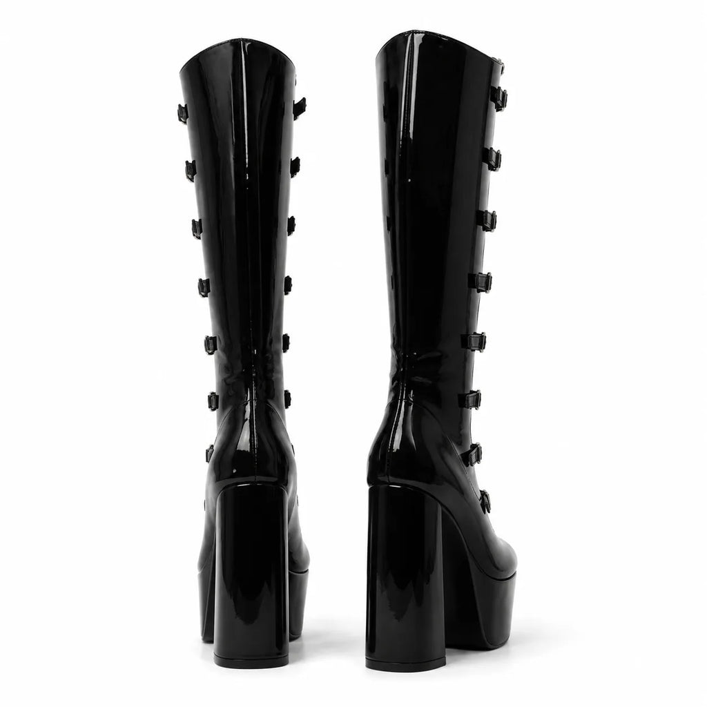 Black Patent Sondrio Buckle Leather Boots heel detail