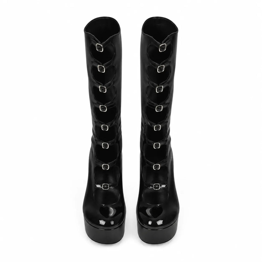 Black Patent Sondrio Buckle Leather Boots top view
