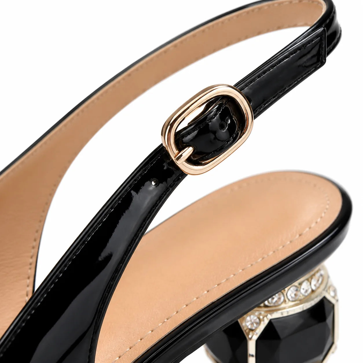 Black Patent Sovana Buckle Patent Sandals close-up detail