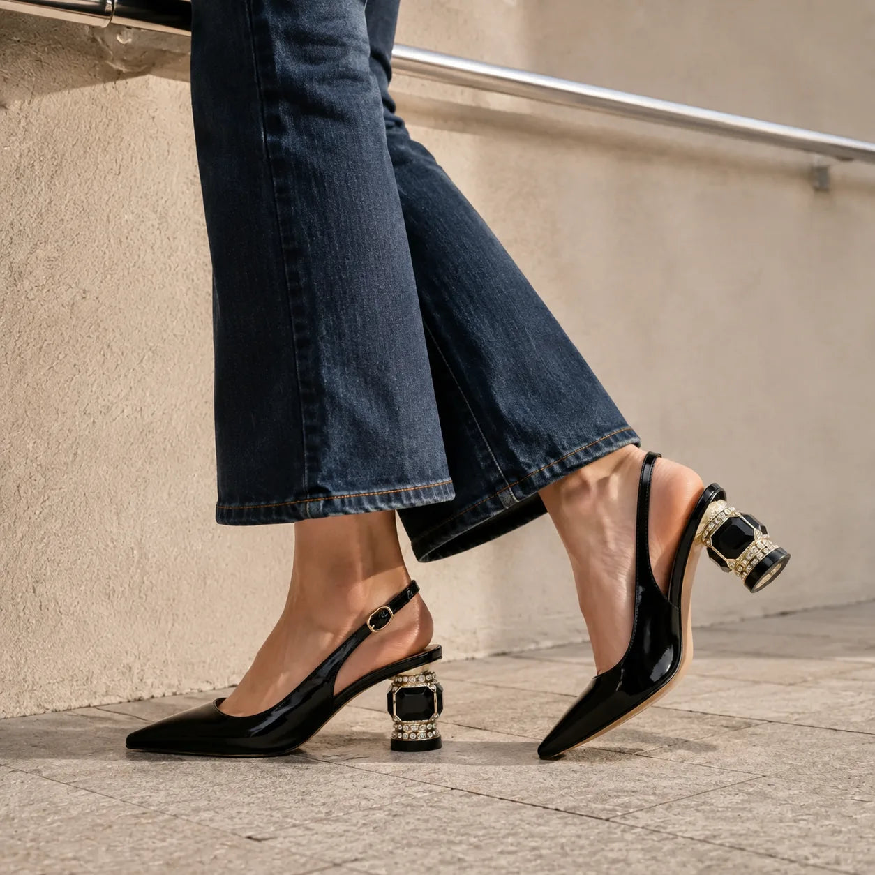 Black Patent Sovana Buckle Patent Sandals on-foot view