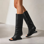 Deep Black Merano Patent Leather Wedge Boots on-foot view