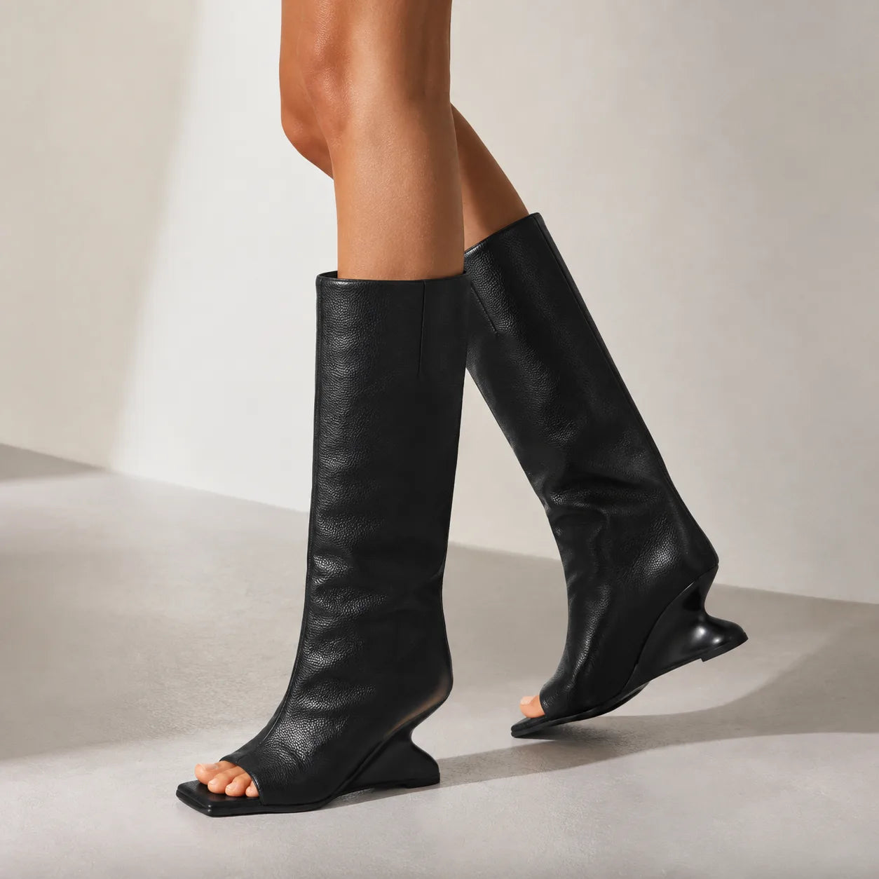 Deep Black Merano Patent Leather Wedge Boots on-foot view