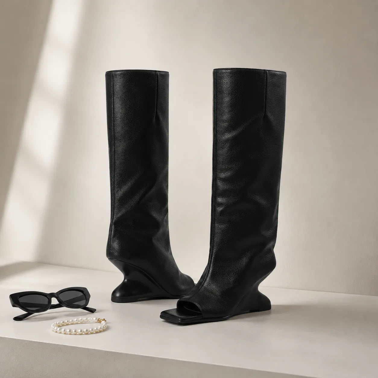 Deep Black Merano Patent Leather Wedge Boots styled scene