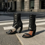 Deep Black Gradara Leather Toe-Strap Sandals styled scene