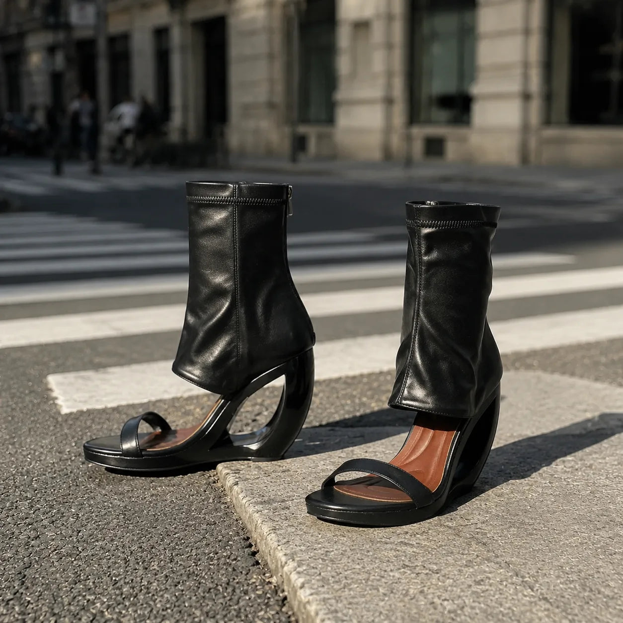 Deep Black Gradara Leather Toe-Strap Sandals styled scene
