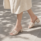 Denimbeige Women's Open-Toe Denim Embroidered Slip-On Mules on-foot view