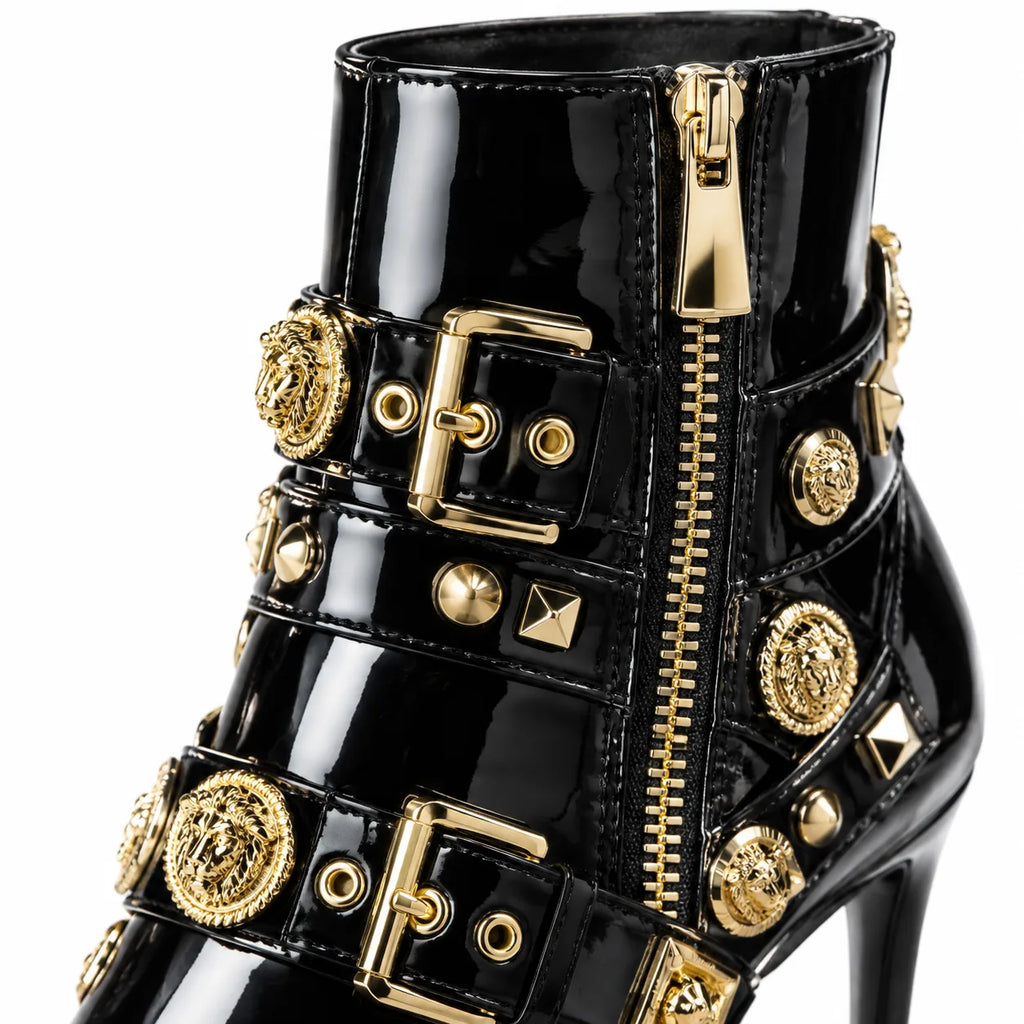 Deep Black Bacoli Buckle Patent Boots close-up detail