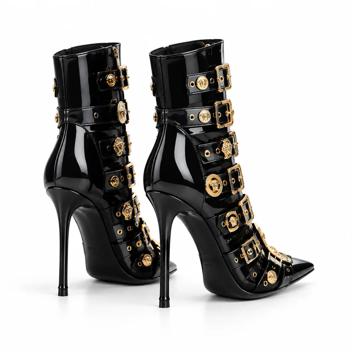 Deep Black Bacoli Buckle Patent Boots heel detail