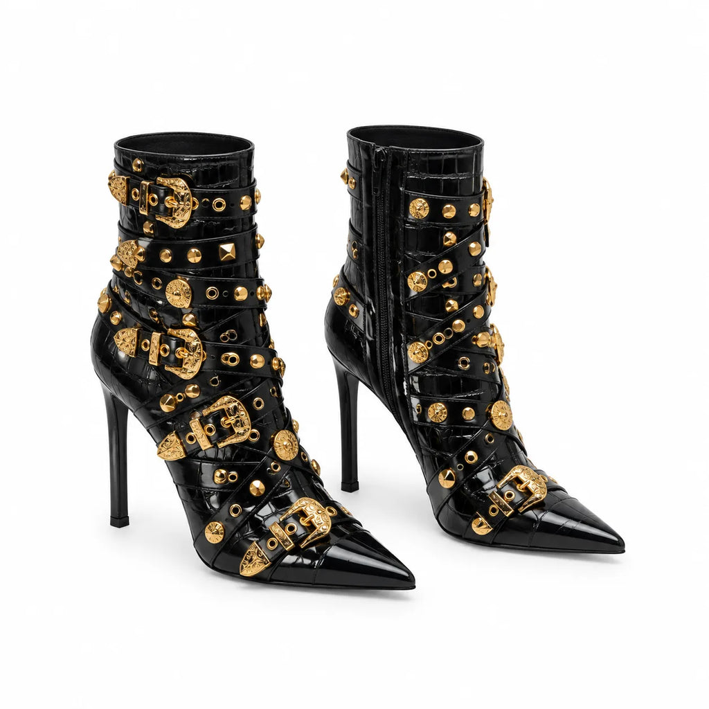 Deep Black Bacoli Buckle Patent Boots