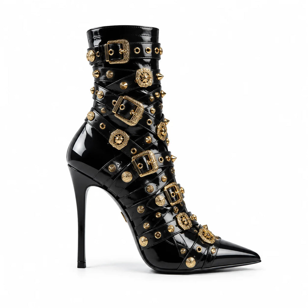 Deep Black Bacoli Buckle Patent Boots side view