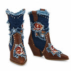 Rich Brown Camogli Denim Wedge Boots close-up detail