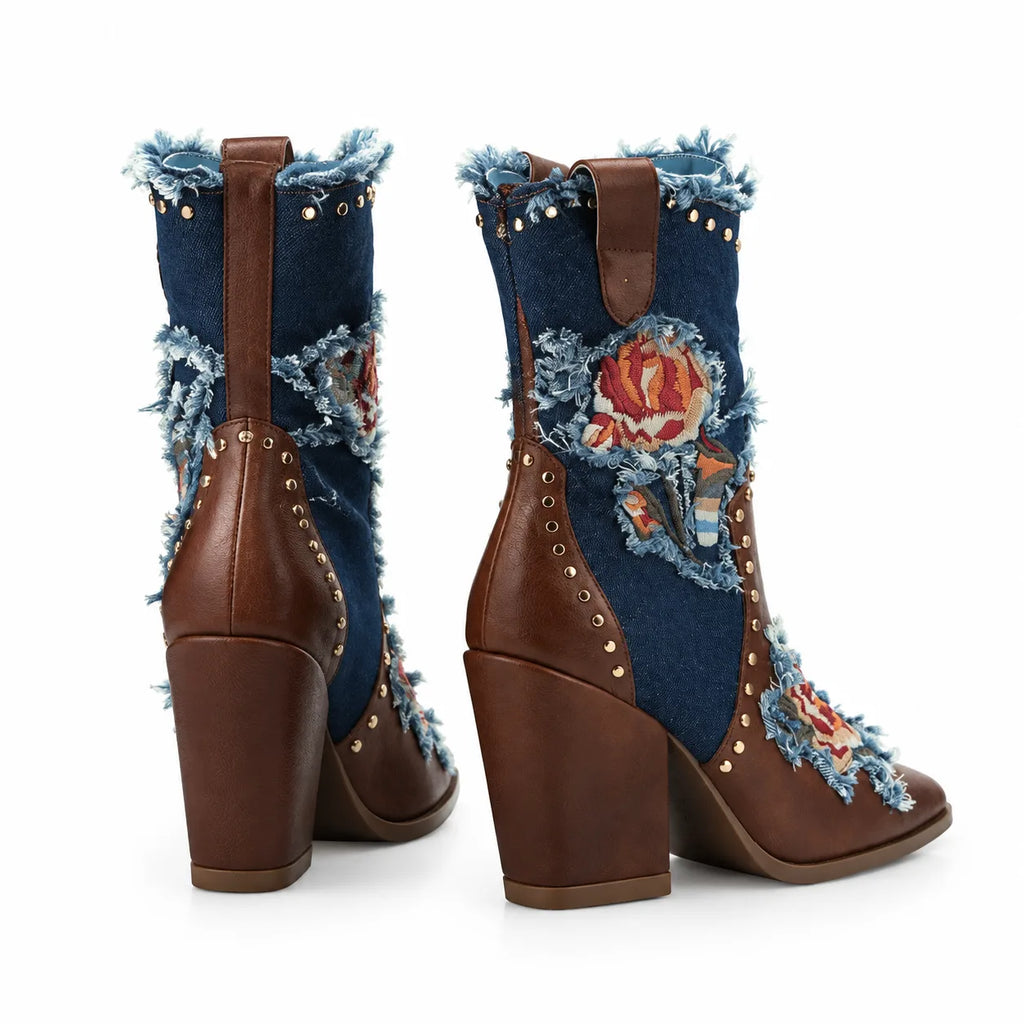 Rich Brown Camogli Denim Wedge Boots heel detail